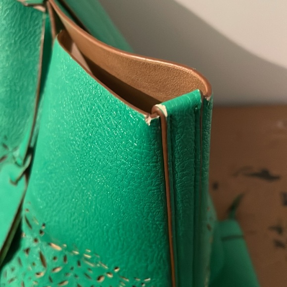 RALPH LAUREN Laser Cut Perforated Chantilly Tote Bag Clutch Green Purse Leather - Picture 12 of 16